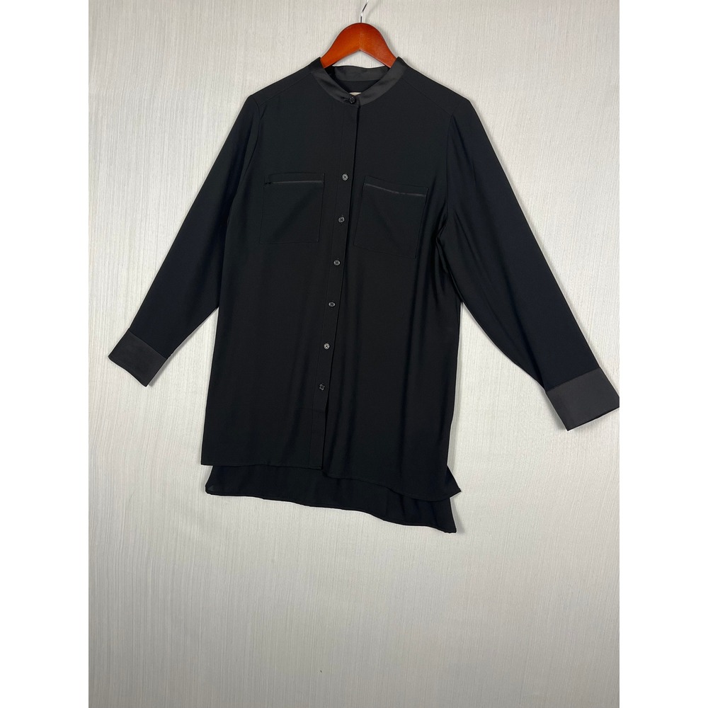 Chico's Button Down Women 2 Black Mandarin Collar Satin Trim Blouse Elevated